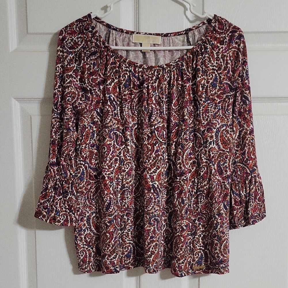 Michael Michael Kors Women's Medium Paisley Bell Sleeve Boho Peasant Top
